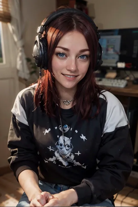 <lora:MadiKruz:.7>, blue eyes, dark red hair, wearing headphones, black sweatshirt with white design, looking at viewer, smiling, happy, upper body shot, sitting behind a table, streaming, keyboard, gaming computer, high quality, masterpiece,