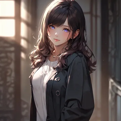 1 girl, wearing a black trench coat, dark brown hair, and light purple eyes,  dynamic composition, <lora:Niji-Dream_Style:0.7>