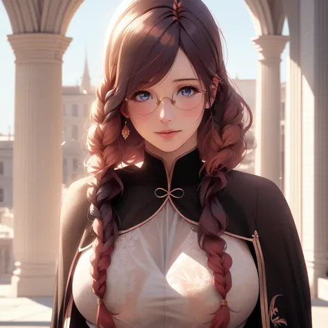 1girl, magical girl, large breasts, cape, long hair, orange hair,(long and twin braids), blush, [see-through], round glasses, greco-roman architecture, realistic, 
 <lora:Niji-Dream_Style:0.7>