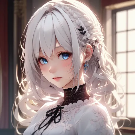 1girl, Features: Porcleain skin, platinum white hair with blonde highlights, striking blue eyes,  <lora:Niji-Dream_Style:0.7>