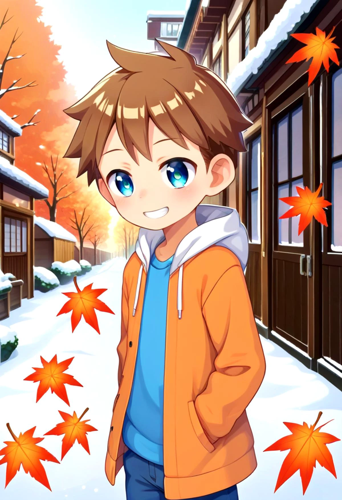 score_9, score_8_up, score_7_up, detailed eyes, autumn leaf, snowy, village, BREAK
straight on shot, standing, <lora:PerfectEyesXL:0.8> perfecteyes,
<lora:cutifiedanimecharacterdesign_variant_type_E_PonyXL_v10:0.7> 1boy, type-e,brown hair, shirt, petite, young, solo, anime style,
smile || bright smile || grin