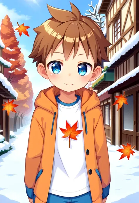 score_9, score_8_up, score_7_up, detailed eyes, autumn leaf, snowy, village, BREAK
straight on shot, standing,  <lora:PerfectEyesXL:0.8> perfecteyes,
 <lora:cutifiedanimecharacterdesign_variant_type_E_PonyXL_v10:0.7> 1boy, type-e,brown hair, shirt,  petite, young, solo, anime  style,
smile || bright smile