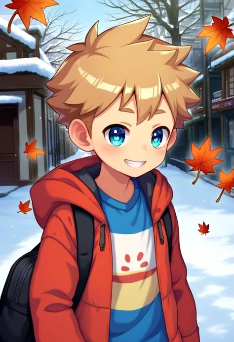 score_9, score_8_up, score_7_up, detailed eyes, autumn leaf, snowy, village, BREAK
straight on shot, standing,  <lora:PerfectEyesXL:0.8> perfecteyes,
 <lora:cutifiedanimecharacterdesign_variant_type_E_PonyXL_v10:0.7> 1boy, type-e,light brown hair, shirt,  petite, young, solo, anime  style,
smile || bright smile || grin