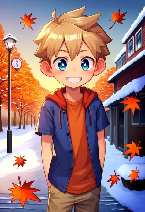 score_9, score_8_up, score_7_up, detailed eyes, autumn leaf, snowy, village, BREAK
straight on shot, standing,  <lora:PerfectEyesXL:0.8> perfecteyes,
 <lora:cutifiedanimecharacterdesign_variant_type_E_PonyXL_v10:0.7> 1boy, type-e,light brown hair, shirt,  petite, young, solo, anime  style,
smile || bright smile || grin