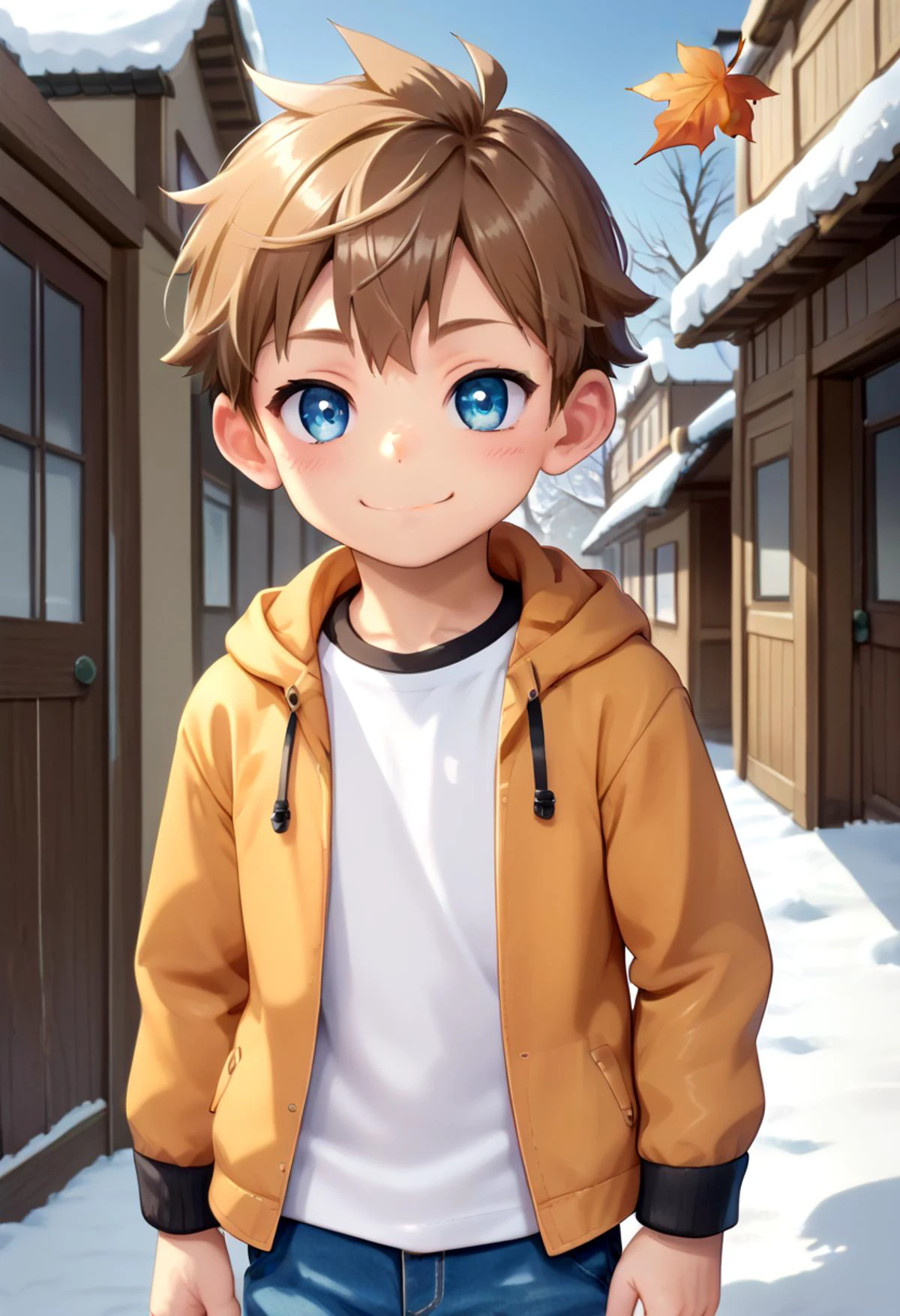 score_9, score_8_up, score_7_up, detailed eyes, autumn leaf, snowy, village, BREAK
straight on shot, standing, <lora:PerfectEyesXL:0.8> perfecteyes,
<lora:cutifiedanimecharacterdesign_variant_type_E_PonyXL_v10:0.7> 1boy, type-e,brown hair, shirt, petite, young, solo, anime style,
smile || bright smile