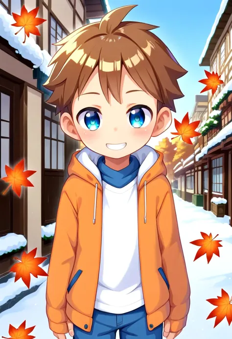 score_9, score_8_up, score_7_up, detailed eyes, autumn leaf, snowy, village, BREAK
straight on shot, standing,  <lora:PerfectEyesXL:0.8> perfecteyes,
 <lora:cutifiedanimecharacterdesign_variant_type_E_PonyXL_v10:0.7> 1boy, type-e,brown hair, shirt,  petite, young, solo, anime  style,
smile || bright smile || grin