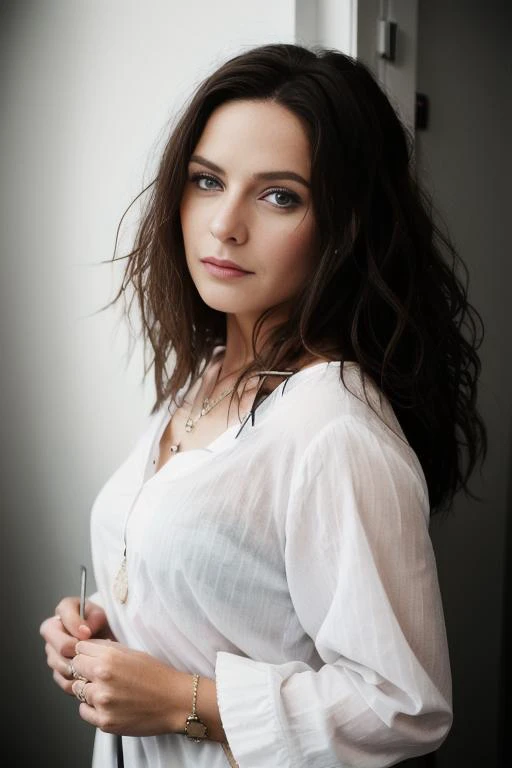 <lora:r3b3cc4f3rgus0n:0.9>, a Realistic photo of a r3b3cc4f3rgus0n woman, long hair, looking at viewer, simple background, brown hair, dress, full body, grey background, nail polish, white dress, lips, sandals, squatting, toenails, realistic, soft lighting, professional Photography, Photorealistic, detailed, inside a dark Studio Room background, blurred background, RAW, analog, sharp focus, 8k, HD, DSLR, high quality, Fujifilm XT3, film grain, award winning, masterpiece