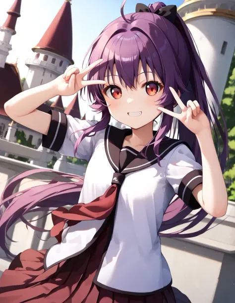 (score_9, score_8_up, score_7_up,source_anime,best quality,masterpiece,source_illust ),perfect anatomy,very aesthetic , absurdres ,intricate illustration ,ultra-detailed illustration,BREAK,1girl,sugiura_ayano,purple hair,ponytail, red eyes,ahoge,school uniform, red_dress,sailor dress,hands up,arms up,double_v,v, smile,bare tooth,dutch angle,outdoors,in UK,Buckingham,Buckingham Palace,  <lora:sugiura_ayano_yryr_v2_pony:1>