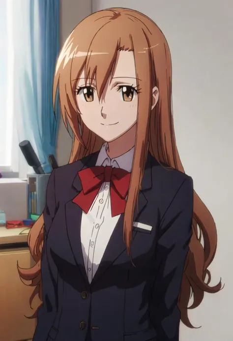 best quality, masterpiece, highres, solo, {shichijou_aria_seitokaiyakuindomo:0.90}, 1girl, blazer, school_uniform, bowtie, smile, upper_body, anime_coloring
