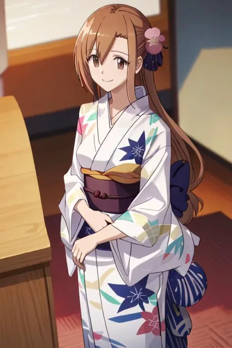 best quality, masterpiece, highres, solo, {yukata:1.40}, {kimono:1.20}, {shichijou_aria_seitokaiyakuindomo:1.15}, brown_hair, long_hair, brown_eyes, bow, smile