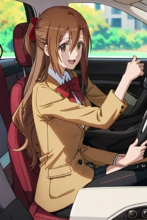 best quality, masterpiece, highres, solo, {shichijou_aria_seitokaiyakuindomo:1.15}, brown_hair, long_hair, brown_eyes, bow, smile, 1girl, car, car_interior, ground_vehicle, motor_vehicle, open_mouth, seatbelt, anime_coloring, hair_between_eyes, looking_at_viewer, driving, looking_back