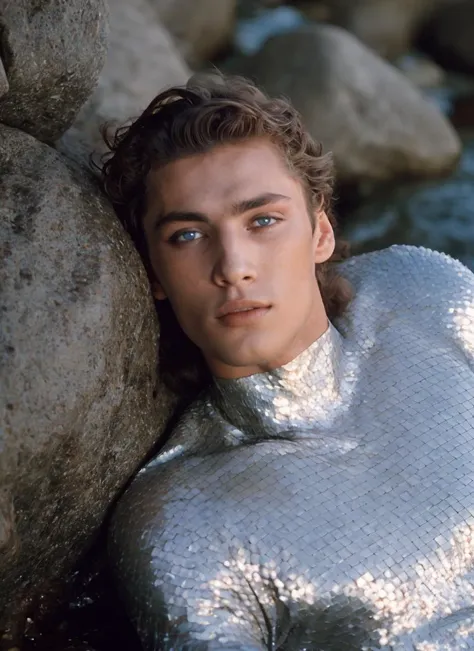 stunning photo of  beautiful 20 years old beautiful boy ihtiandr <lora:ihtiandr:0.7>, (lying on the rocks:1.2), looking in the distance, wearing silver bodysuit, dreamlike blue eyes, evening, sharp focus, epic lighting, detailed face, subsurface scattering, f2, 35mm