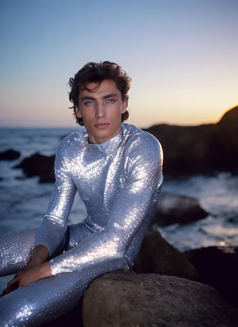 stunning photo of beautiful 20 years old beautiful boy ihtiandr <lora:ihtiandr:0.7>, (sitting on the rocks:1.2), looking in the distance, wearing silver bodysuit, dreamlike blue eyes, evening, sharp focus, epic lighting,(detailed face:1.2), subsurface scattering, f2, 35mm