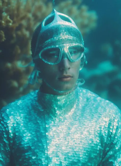stunning underwater photo of  beautiful 20 years old beautiful boy ihtiandr <lora:ihtiandr:0.7>, swimming underwater, reefs, fishes, (wearing silver diving suit, wearing silver helmet, wearing swimming glasses:1.2), sharp focus, epic lighting,(detailed face:1.2), subsurface scattering, f2, 35mm