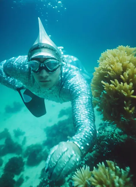 stunning underwater photo of beautiful 20 years old beautiful boy ihtiandr <lora:ihtiandr:0.7>, swimming underwater, reefs, fishes, wearing silver diving suit, wearing silver helmet, wearing swimming glasses, sharp focus, epic lighting,(detailed face:1.2), subsurface scattering, f2, 35mm