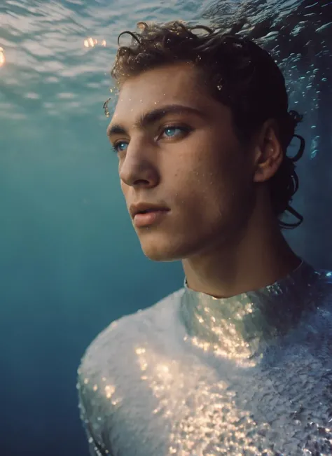 stunning underwater photo of beautiful 20 years old beautiful boy ihtiandr <lora:ihtiandr:0.7>, wearing silver bodysuit, dreamlike blue eyes, evening, sharp focus, epic lighting,(detailed face:1.2), subsurface scattering, f2, 35mm