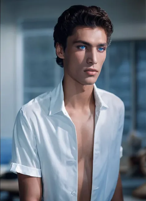 stunning full body height fashion magazine photo, beautiful 20 years old boy ihtiandr <lora:ihtiandr:0.7>, standing, wearing shorts, wering shirt, in studio, sexy body, dreamlike blue eyes, sharp focus, epic lighting,(detailed face:1.2), subsurface scattering, f2, 35mm
