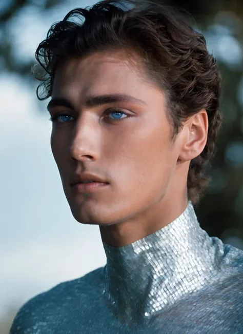 stunning photo of beautiful 20 years old beautiful boy ihtiandr <lora:ihtiandr:0.7>, looking in the distance, wearing silver bodysuit, dreamlike blue eyes, evening, sharp focus, epic lighting, detailed face, subsurface scattering, f2, 35mm
