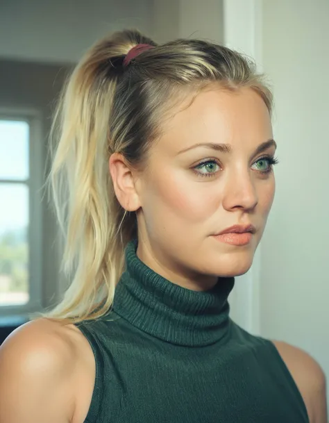 score_9, score_8_up, score_7_up, ohwx, 1girl, slim, realistic, close-up, blonde ponytail, (green:0.4) eyes, <lora:CrunchyBanana_PONY_dora_kaley_cuoco:1>, indoors, sleeveless turtleneck, rating_safe