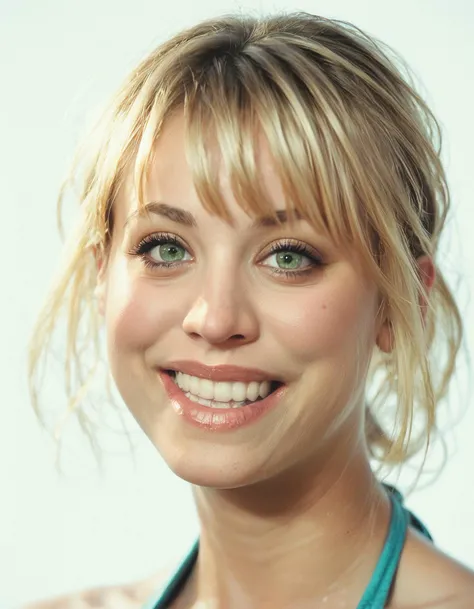 score_9, score_8_up, score_7_up, ohwx, 1girl, realistic, portrait, happy, blonde bangs, green eyes, <lora:CrunchyBanana_PONY_kaley_cuoco_v2:0.9>, white background, halterneck, rating_safe