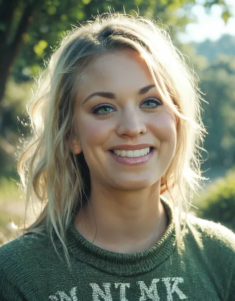 score_9, score_8_up, score_7_up, ohwx, 1girl, realistic, upper body, happy, blonde parted bangs, green eyes, <lora:CrunchyBanana_PONY_kaley_cuoco_v2:1>, outdoors, sweater, rating_safe