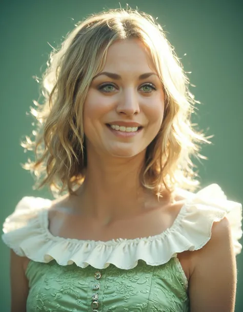 score_9, score_8_up, score_7_up, ohwx, 1girl, realistic, dutch angle, light-smile, blonde parted bangs, green eyes, <lora:CrunchyBanana_PONY_kaley_cuoco_v2:1>, simple background, frilled dress, rating_safe