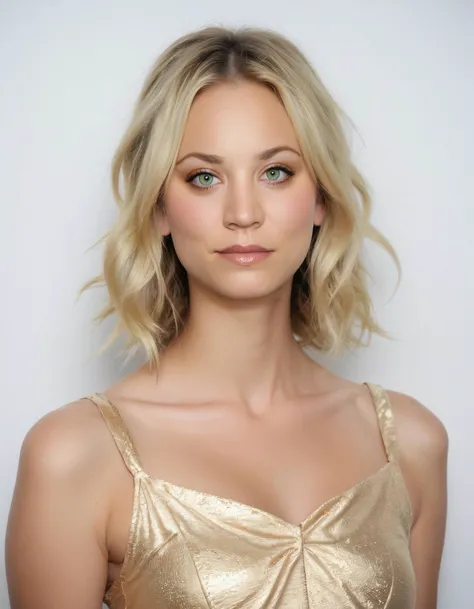 score_9, score_8_up, score_7_up, ohwx, 1girl, slim, realistic, upper body, blonde parted bangs, (green:0.4) eyes, <lora:CrunchyBanana_PONY_dora_kaley_cuoco:1>, white background, dress, rating_safe