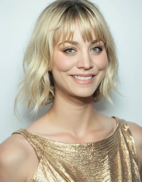 score_9, score_8_up, score_7_up, ohwx, 1girl, realistic, close-up, light-smile, blonde bangs, green eyes, <lora:CrunchyBanana_PONY_kaley_cuoco_v2:1>, white background, long dress, rating_safe