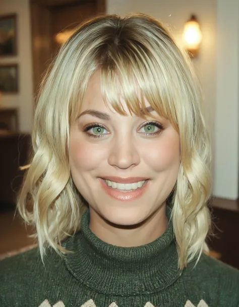 score_9, score_8_up, score_7_up, ohwx, 1girl, realistic, upper body, happy, blonde diagonal bangs, green eyes, <lora:CrunchyBanana_PONY_kaley_cuoco_v2:0.9>, indoors, sweater dress, rating_safe