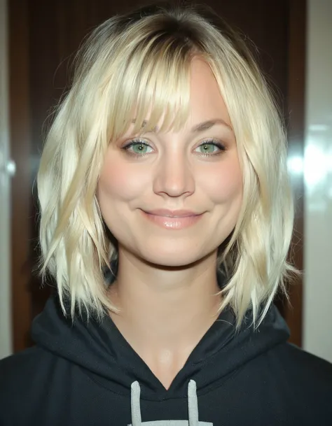 score_9, score_8_up, score_7_up, ohwx, 1girl, slim, realistic, close-up, light smile, blonde diagonal bangs, (green:0.2) eyes, <lora:CrunchyBanana_PONY_dora_kaley_cuoco:1>, indoors, hoodie, rating_safe