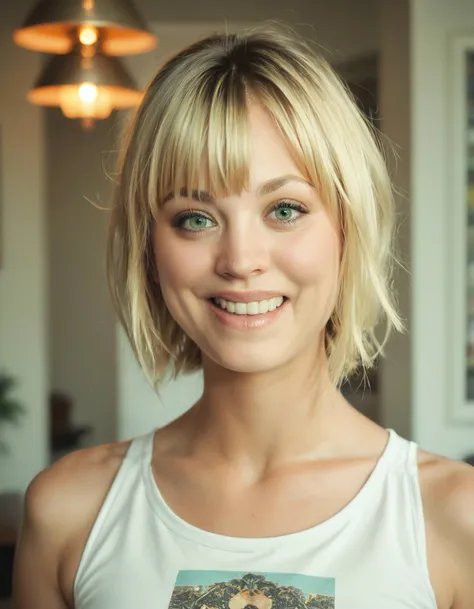 score_9, score_8_up, score_7_up, ohwx, 1girl, realistic, upper body, happy, blonde diagonal bangs, green eyes, <lora:CrunchyBanana_PONY_kaley_cuoco_v2:0.9>, indoors, crop top, rating_safe