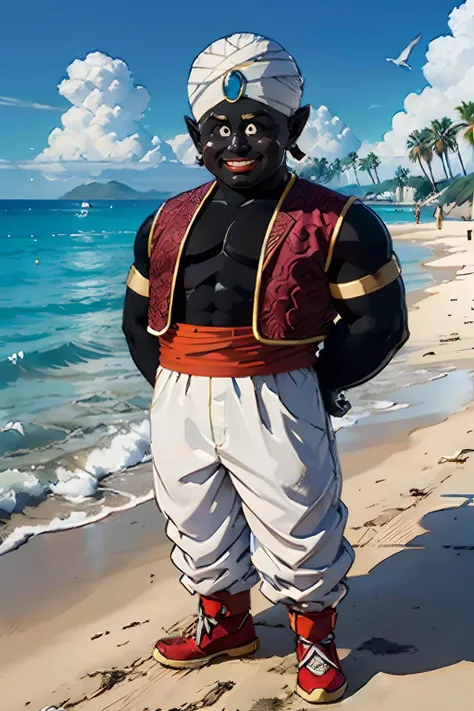 mrpopo, black eyes, black skin,white turban, brown naked vest, blue gemstone, red sash, baggy pants, red pointy shoes, looking at viewer, smiling,
standing, outside, beach, ocean, palm tree, seagulls, hands behind back, extreme detail, hdr, fantasy quality, masterpiece, <lora:mrpopo_v0_2:.9>