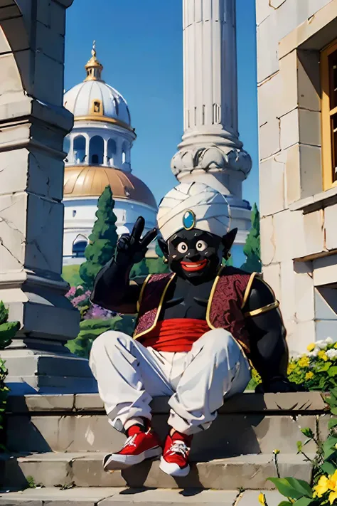 mrpopo, black eyes, black skin,white turban, brown naked vest, blue gemstone, red sash, white baggy pants, red pointy shoes, looking serious, angry, medium shot,
standing, outside, arm raised, pointing, extreme detail, hdr, fantasy quality, masterpiece, <lora:mrpopo_v0_2:.9>