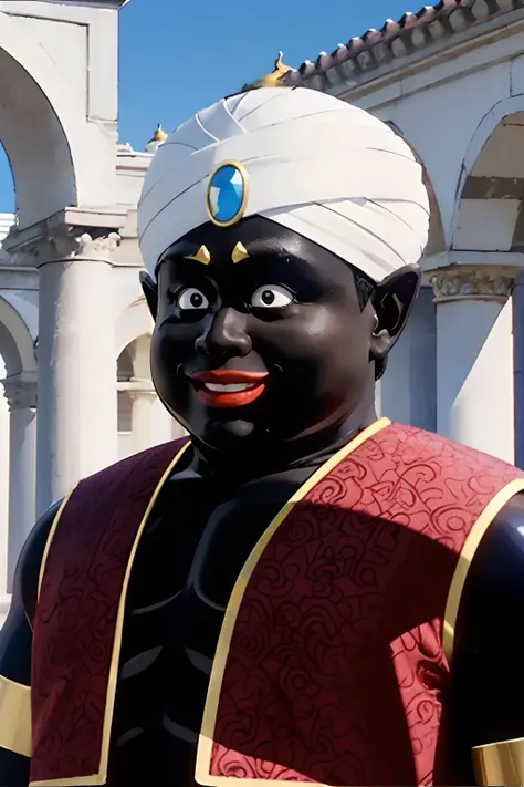 mrpopo, black eyes, black skin,white turban, brown naked vest, blue gemstone, looking at viewer, smiling, close up portrait,
outside, marble palace, extreme detail, hdr, realistic quality, analog,<lora:mrpopo_v0_2:.9>