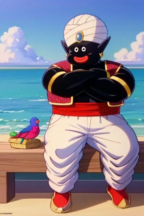 (8k, best quality, masterpiece:1.2),mrpopo,solo,male focus,white turban, red sash, red shoes, (white baggy pants:1.2), beach, sitting, (arm support:1.2),arabian shoes, from side, (slender, muscular male),pointy ears,flexing,bird,smile