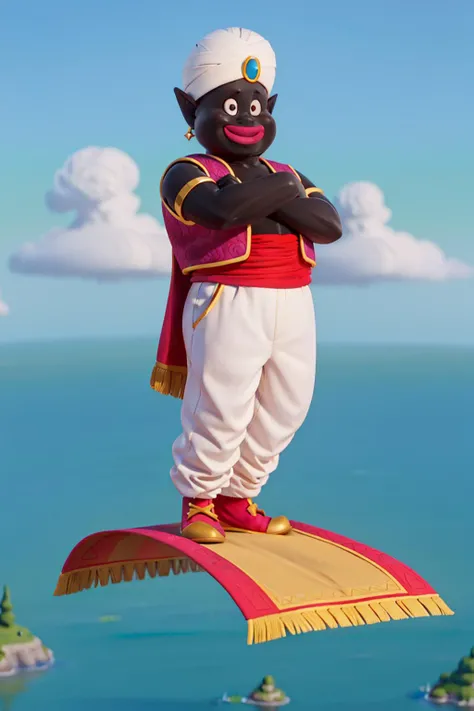 (8k, best quality, masterpiece:1.2),mrpopo,solo,male focus,on a flying magic carpet,white turban, red sash, red shoes, (white baggy pants:1.2), (arm support:1.2),arabian shoes,fat,pointy ears,brown naked vest,(blue sky, (magic carpet:1.3),flying carpet,floating in the air,nature, (black skin),simple background,sleeveless, smile,black gloves, pointy shoes,(closed mouth)