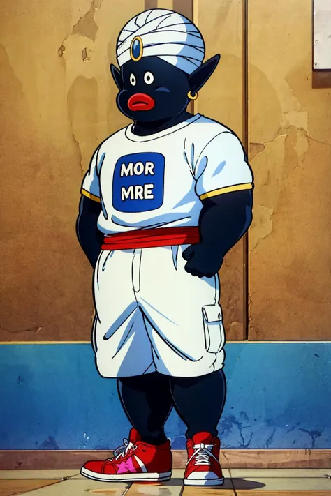 (best quality, masterpiece:1.2),mrpopo,solo,male focus,white turban,black skin, cowboy shot, white (cargo shorts),pointy ears,(blue t-shirt with the word mr:1.1), skatepark,sneakers
