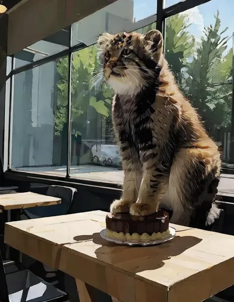 tusun cub, cake and coffee, in a 19 century coffeeshop, impressionist <lora:impress:0.3> <lora:TUSUN:0.8> low ploy<lora:low:1>