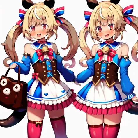 <lora:AtahutaPonyXL-000008:1>,
best quality, score_9, score_7_up rating_explicit,
atahuta, 1girl, animal ears, thighhighs, tail, multiple views, long hair, blonde hair, smile, skirt, white background, twintails, :d, bell, long sleeves, virtual youtuber, open mouth, detached sleeves, puffy long sleeves, puffy sleeves, simple background, bag, bangs, pink footwear, looking at viewer, animal bag, bow, turnaround, bare shoulders, jingle bell, blush, red eyes, standing