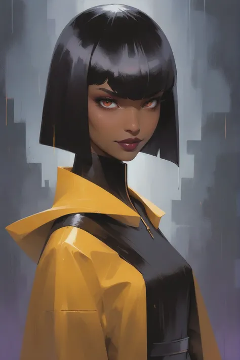 anime style, seductive smile, 1girl, woman, (chocolate afropunk nun:1.3), bright darkgoldenrod eyes, (from above:1.8),(from above:1.45),wings, (raincoat:1.2) [:revealing costume design:0.2], bombshell hair, indigo and purple hair, pixie cut, iridescent lightgoldenrodyellow clothes, slim, atheletic figure, narrow waist, small breasts, korean, Cleanroom \(room\) in a ghostly scifi town outside of time<lora:EnvyStarlightMoodyAnime01:1>