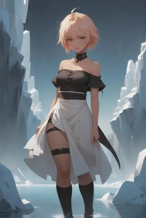 anime style, (full body:1.2), 1boy, man, bishounen, solo, [:creative costume design,:0.2] ninja, (off shoulder dress:1.3), apron, caucasian, light peachpuff hair, (athletic:1) build well-lit interior, in a Iceberg<lora:EnvyStarlightMoodyAnime01:1>