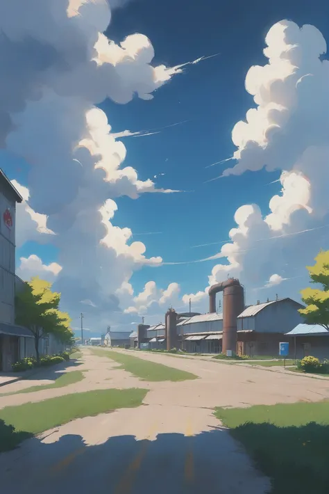 anime style, noon, blue sky, clouds, scenery, spring industrial park in a Sulphur Springs<lora:EnvyStarlightMoodyAnime01:1>