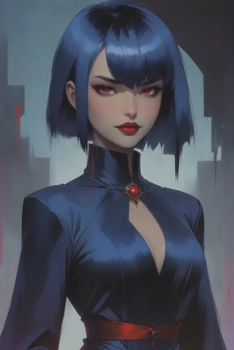 anime style, seductive smile, 1girl, woman, evil queen, (red lipstick:1),(high collar:1.3),(flowing dress:1.3), bombshell hair, brushed color:azure metal hair with purple highlights, Teased Hair, purple clothes, hourglass figure, (asian:1.3), great,mysterious scifi arcology at the end of reality<lora:EnvyStarlightMoodyAnime01:1>