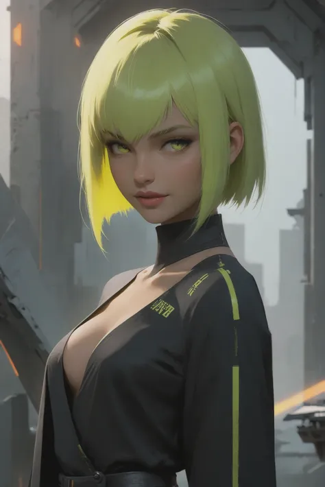 anime style, seductive smile, 1girl, woman, (tranquil Hi-NRG:1.3) cute angel, [:outlandish, formal costume design,:0.2], bombshell hair, ultra deep color:lime hair, bombshell bob cut, neon darkgray clothes, thick thighs, narrow waist, caucasian, Archives \(room\) in a abandoned scifi village at the end of reality<lora:EnvyStarlightMoodyAnime01:1>