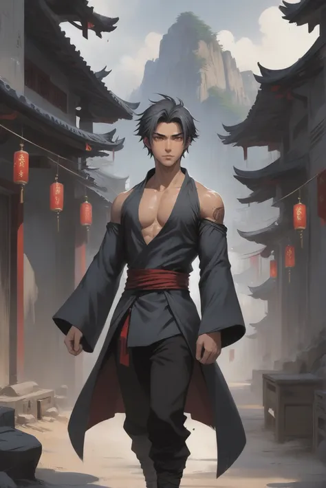 anime style, (full body:1.2), 1boy, man, handsome, solo, [:fantastical costume design,:0.2] adventurer, (off shoulder dress:1.3), chinese, darkgray hair, (muscular:1) build dilapidated,lively fantasy town beyond the beginning of reality<lora:EnvyStarlightMoodyAnime01:1>