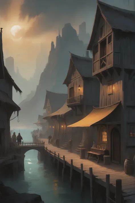 moody scifi digital painting, historic fantasy village in a Bard's Tale Coast<lora:EnvyStarlightMoodyAnime01:1>