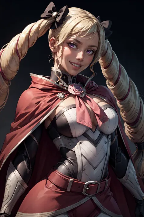 (masterpiece, best quality, 4k, detailed, intricate, realistic),cinematic angle,1girl,grin,epfeelise,twintails, belt, gloves, hair bow, cape, ascot,pink eyes <lora:EPfeElise:0.8>