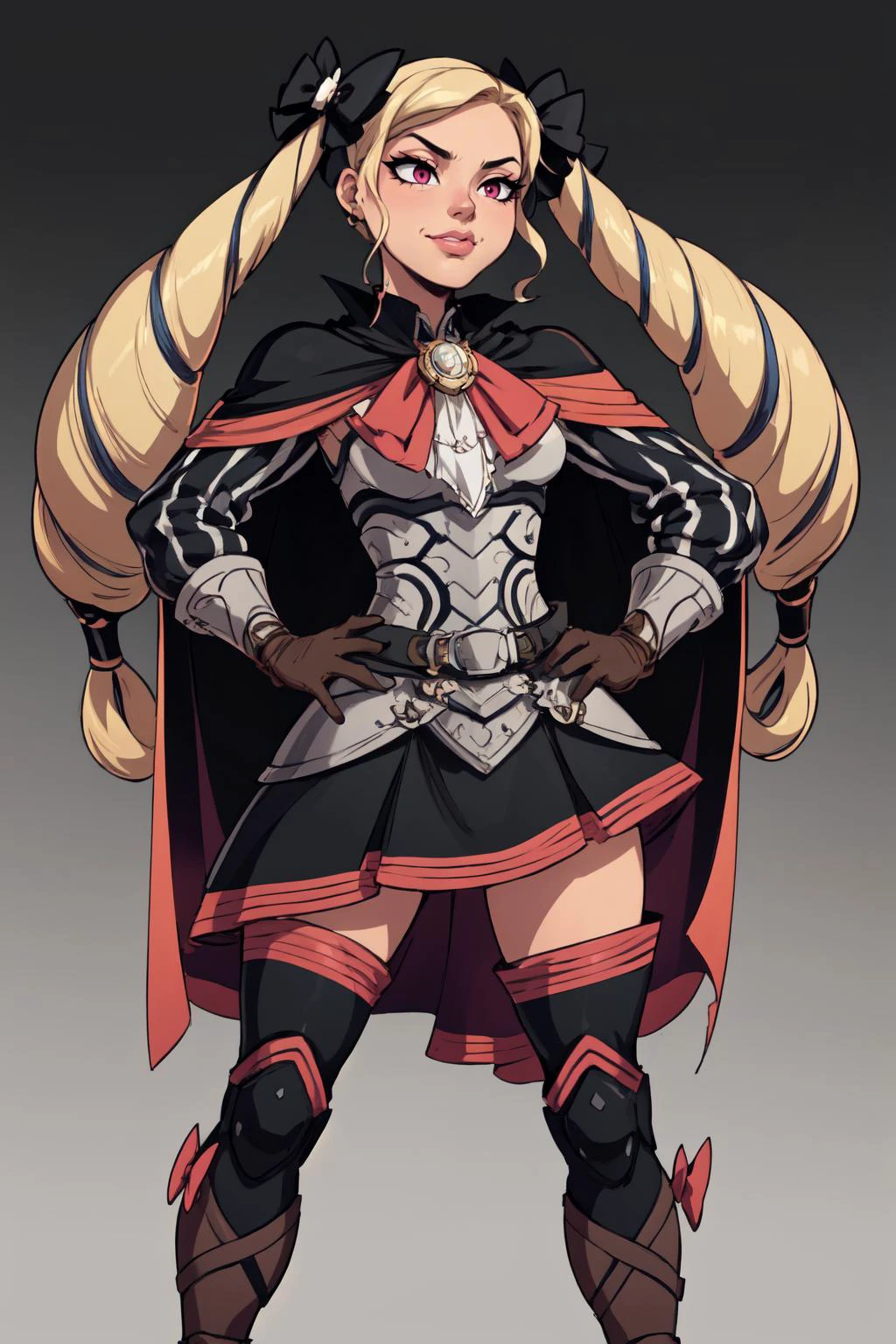 (masterpiece, best quality, 4k, aesthetic, detailed, intricate),1girl,smug,epfeelise,twintails, belt, gloves, hair bow, cape, ascot,hands on hips,skirt,armored boots,long sleeves <lora:EPfeElise:1>