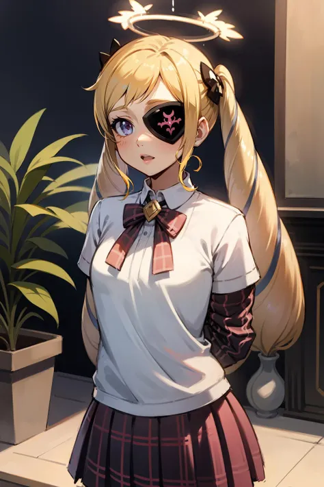 masterpiece, best quality,  <lora:EPfeElise-10:1> EPfeElise, blonde hair, twintails, upper body, living room, plant, evening, arms behind back, halterneck, pleated plaid_skirt, angel wings, halo, eyepatch, relaxed