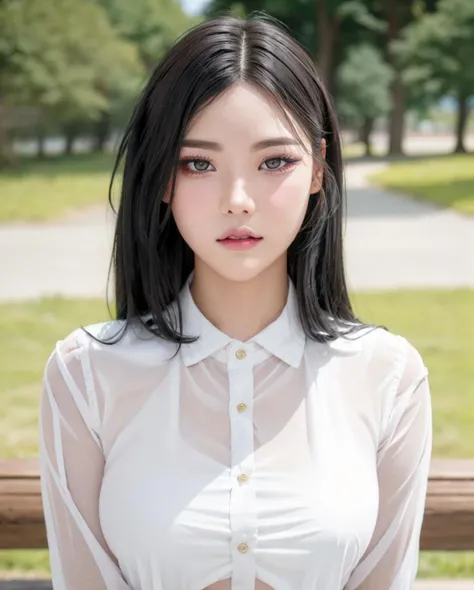 best quality, photorealistic, 8k, high res, full color, 1girl, woman, 20 years old woman, (closed mouth:1.63), (skindentation), (portrait:0.6), trees, park bench, daylight, ((park background:1.52)), full color, ((whitebuttonedshirt:1.58)), looking at viewer:1.8, (1girl eyes looking at viewer:1.55), (medium hair, brownhair, partedbangs:1.45), (bokeh), <lora:AAG-dukhwa:0.69>